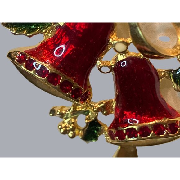 Vintage Gold-Tone Red Enamel Christmas Bell Brooch With Holly  Bow Pin Jewelry - Picture 10 of 11